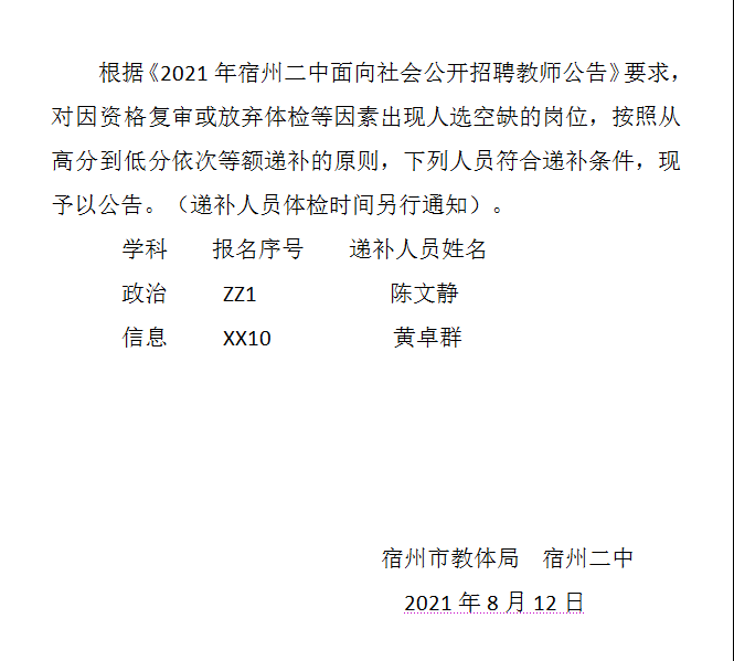宿州二中2021年面向社会公开招聘教师递补人员公告